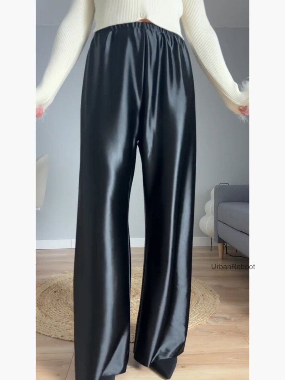 Satin Wide Leg Dress Pants High Waisted Elastic Trousers - Picture 7 of 7
